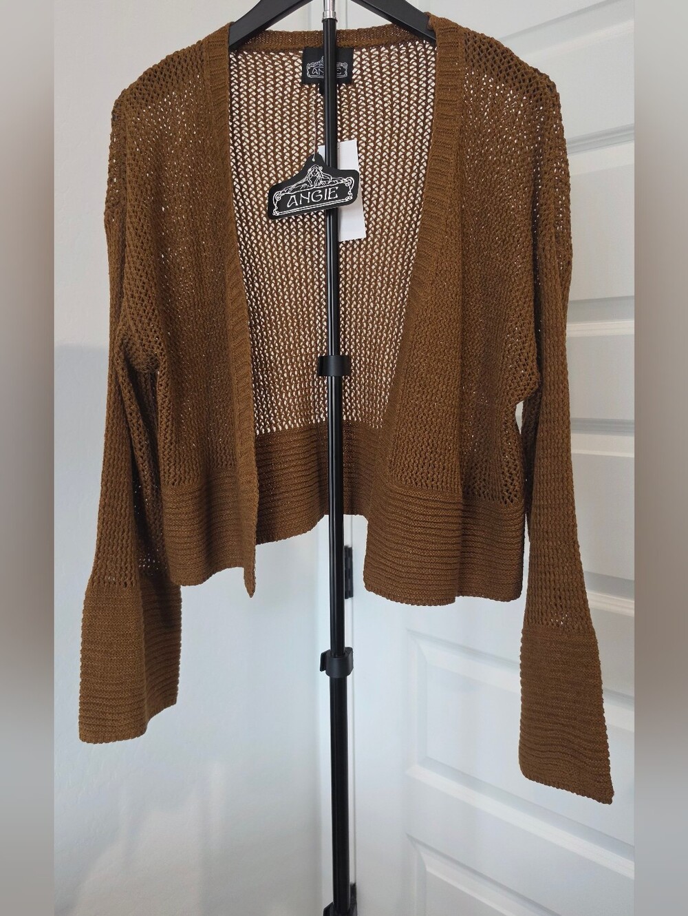 Angie Boho Open Knit Cropped Cardigan Sweater Brown Rust Women's Sz Large NWT